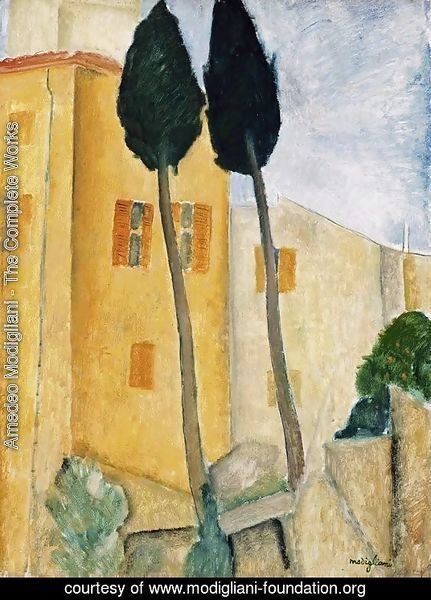 Cypress Trees and Houses, Midday Landscape