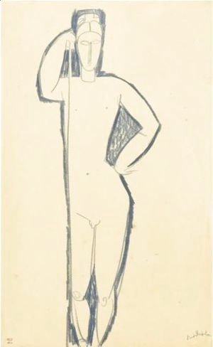 Amedeo Modigliani - Homme Nu De Face SAappuyant Sur Un Baton